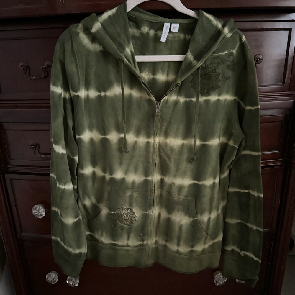 Tie Dye Olive Colored Zip Hoodie - Size L